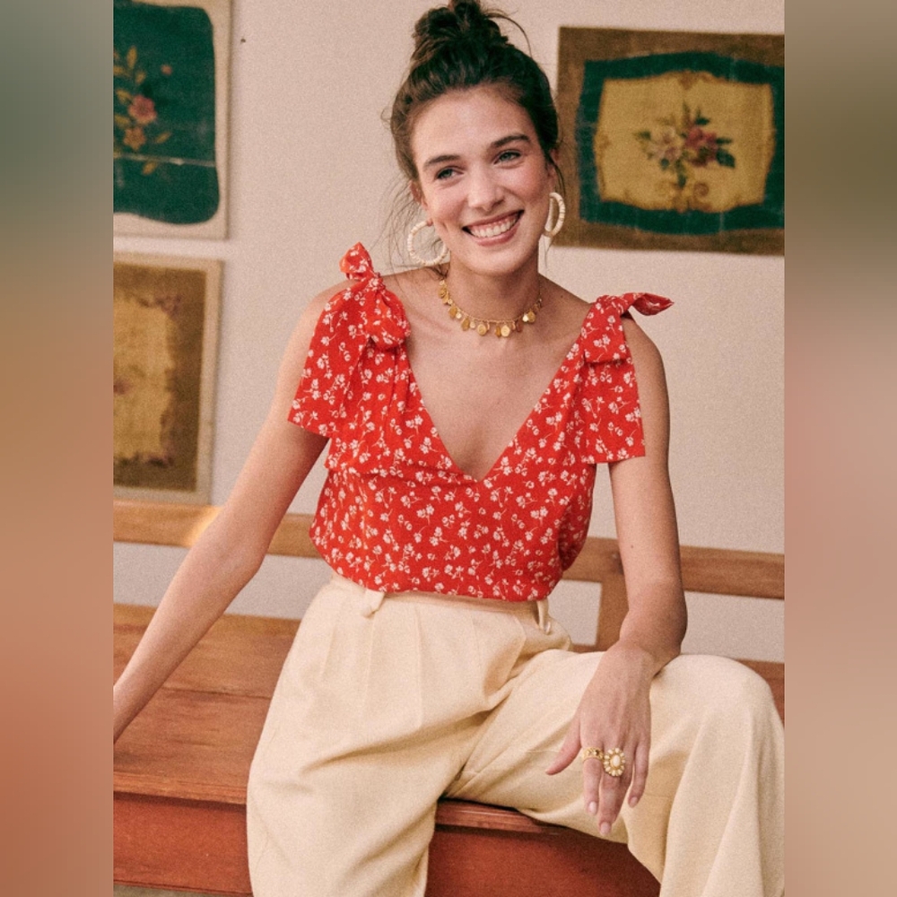 Sezane Lara Silk Blouse Coral Flowers, 10/42